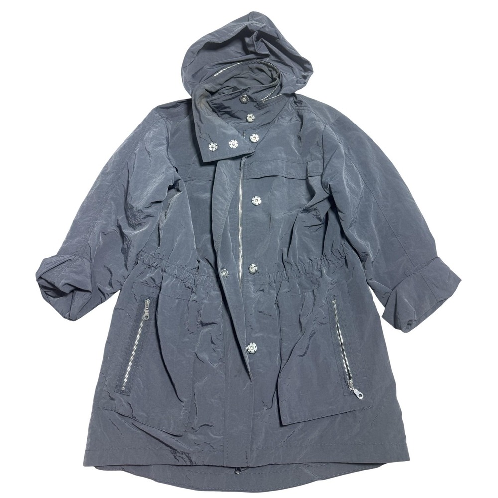 Anorak Coat Womens Large Gray Hooded Zip Anorak Jacket Pockets Lined Mid Length